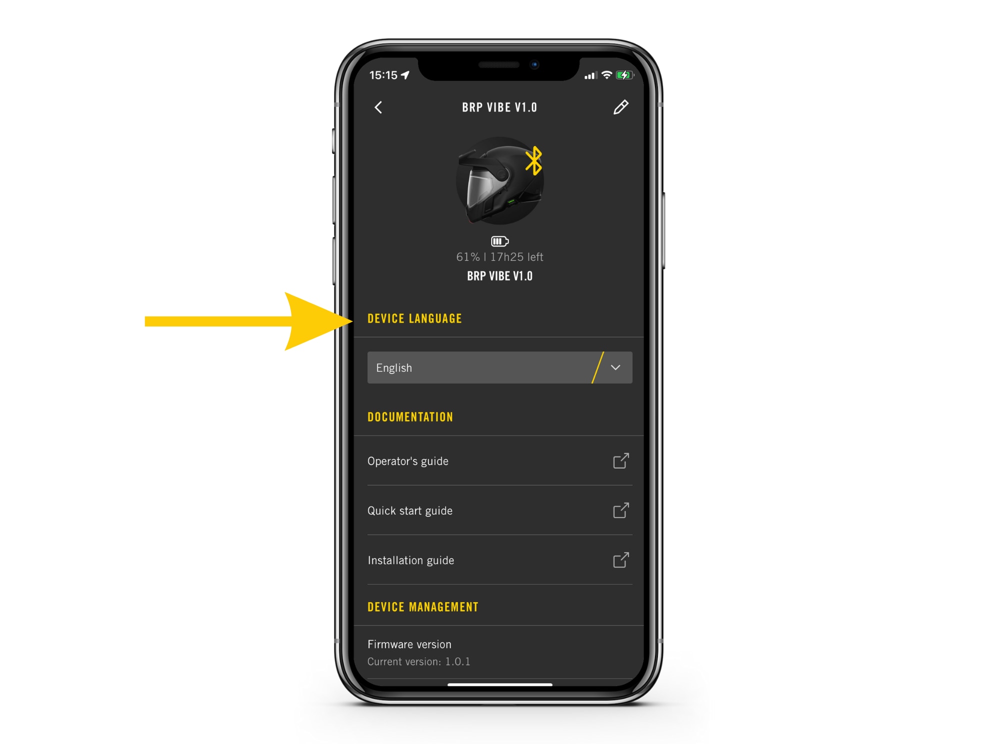 L’application BRP GO! affichant l’écran de l’appareil Vibe pour la gestion de la langue